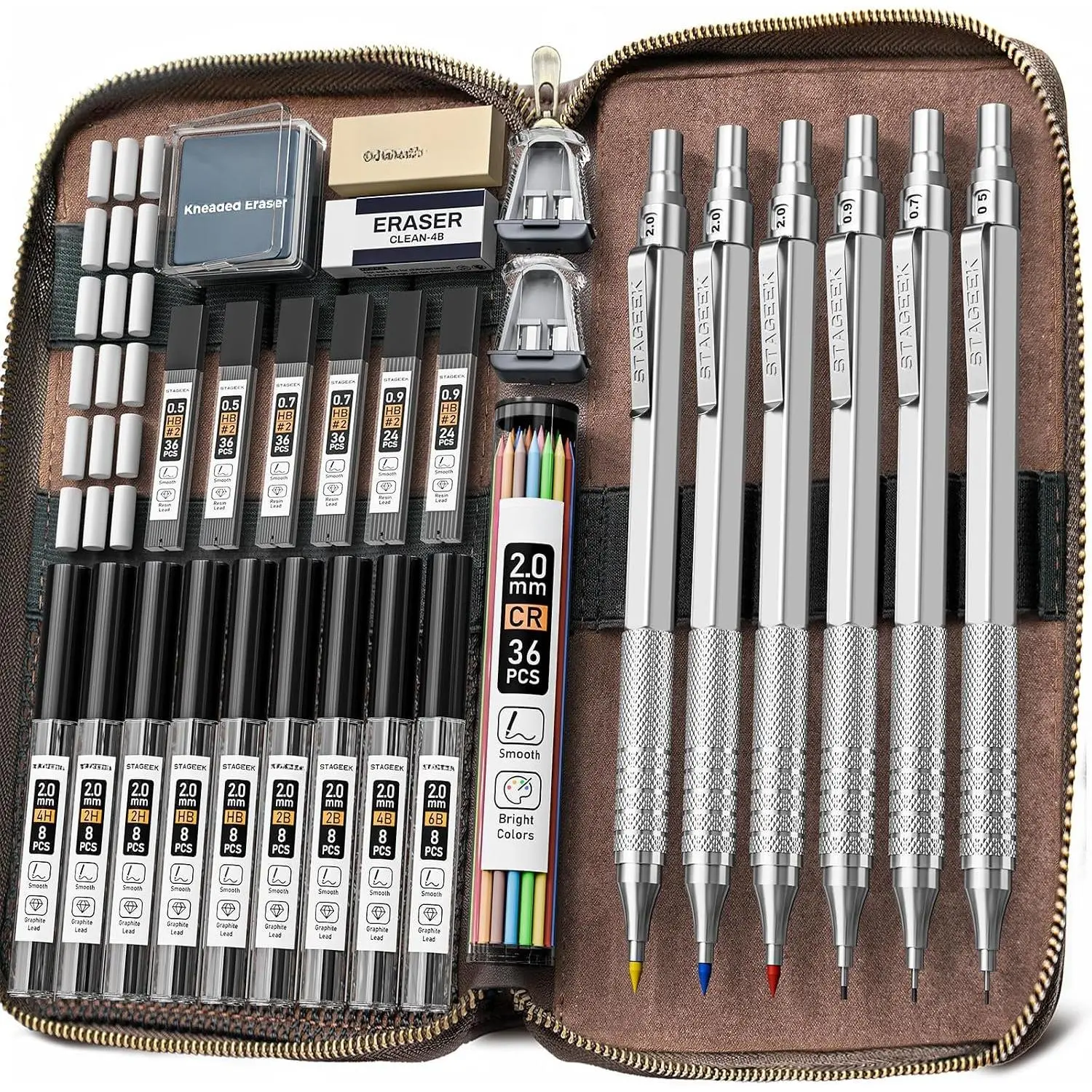 Metal Mechanical Pencil Set (30-Count) with Leather Pouch, 0.5/0.7/0.9/2.0mm Art Drafting Pencils, 16 Tubes Graphite Leads (6B/4B/2B/HB/2H/4H), Colored Refills, 2 Double-Hole Lead Sharpeners & Anti-Slip Threaded Grip for Sketching, Writing