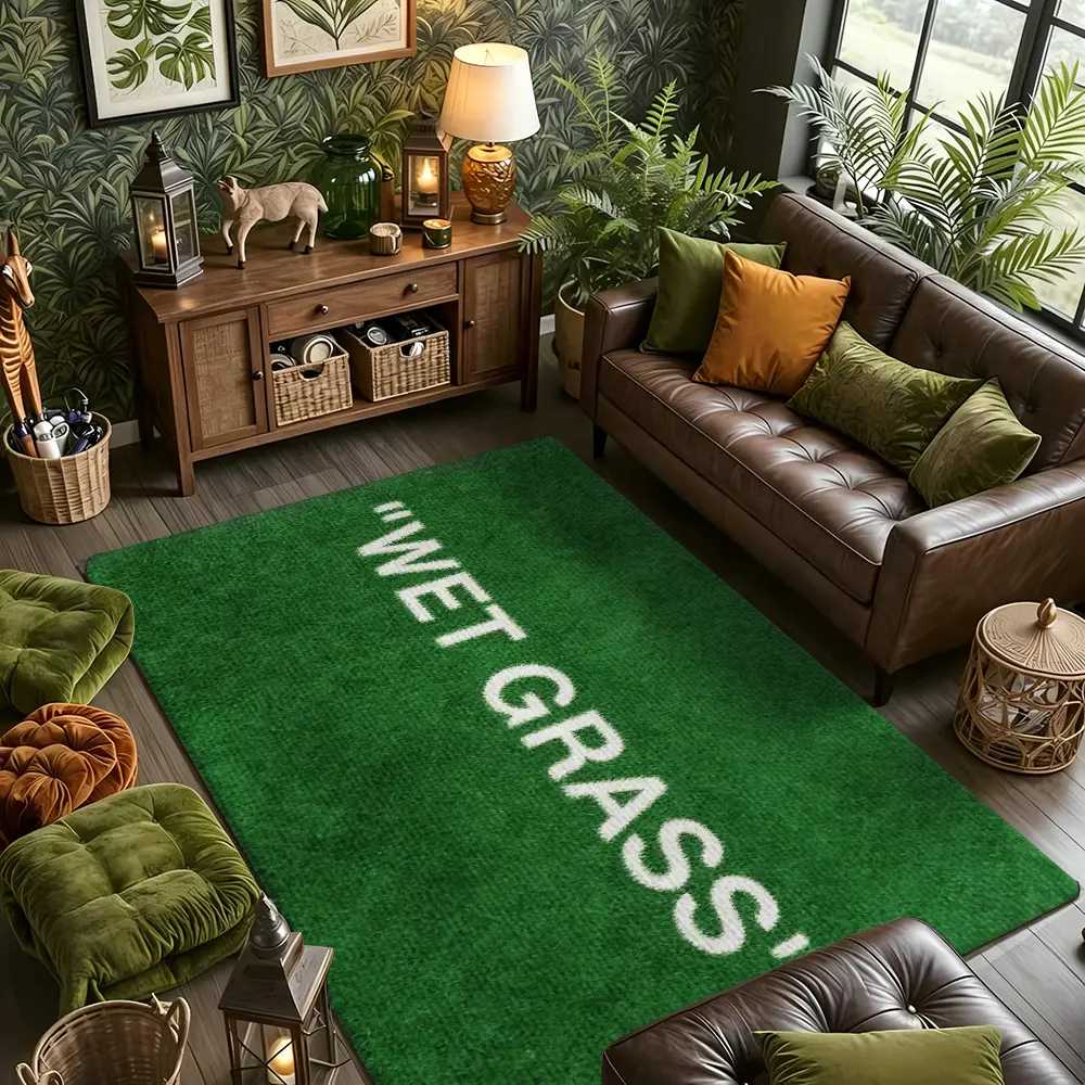 Green Imitation Lawn WET GRASS Letter Flannel Living Room Rug #WetGrassFashionRug #GreenLawnTextMat #FlannelCarpet #StreetArtHomeDecor