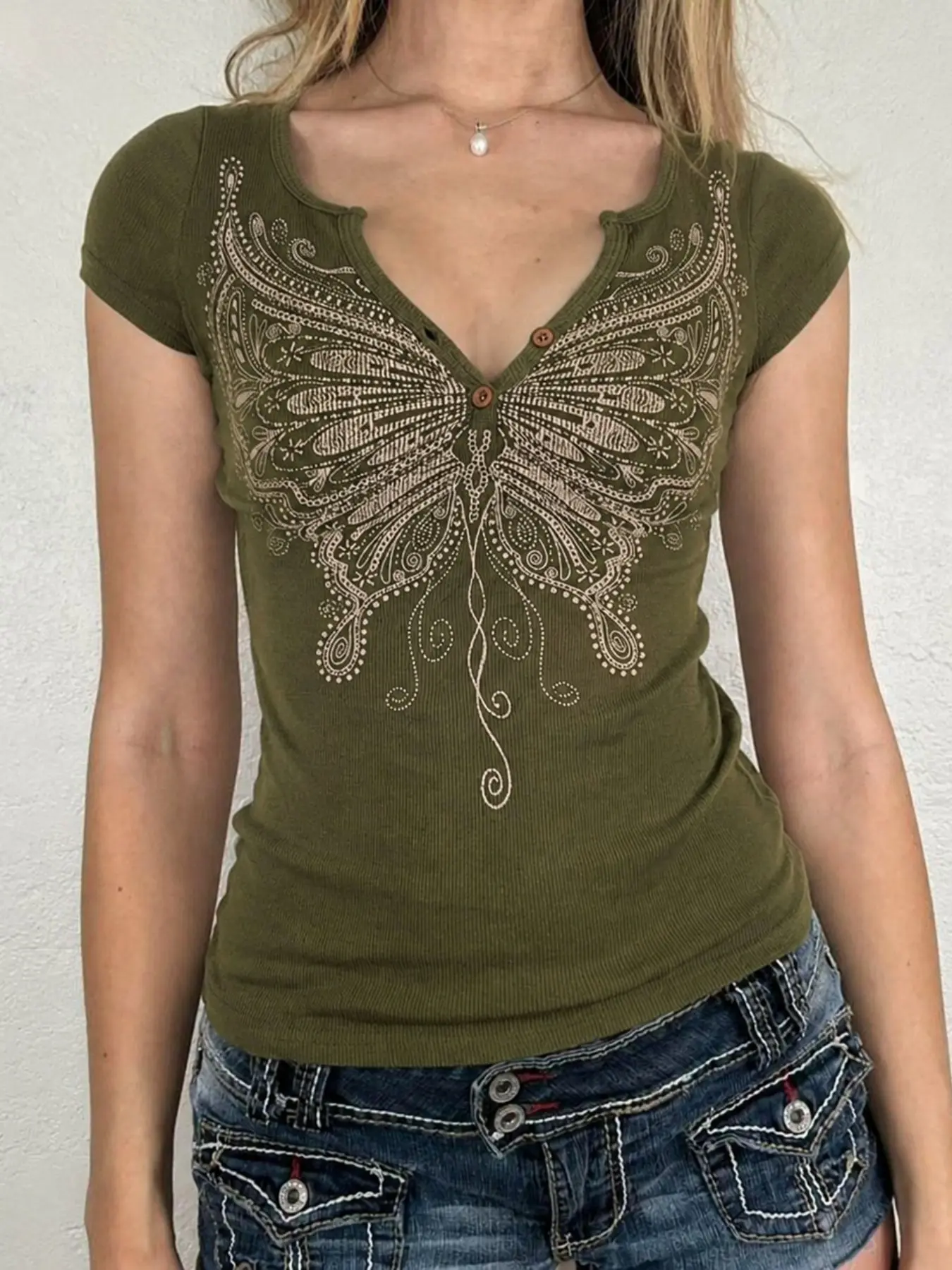 Vintage Print V-Neck Button Crop Top for Women, Y2K Grunge Harajuku Style, Short Sleeve Casual Tee for Spring & Summer