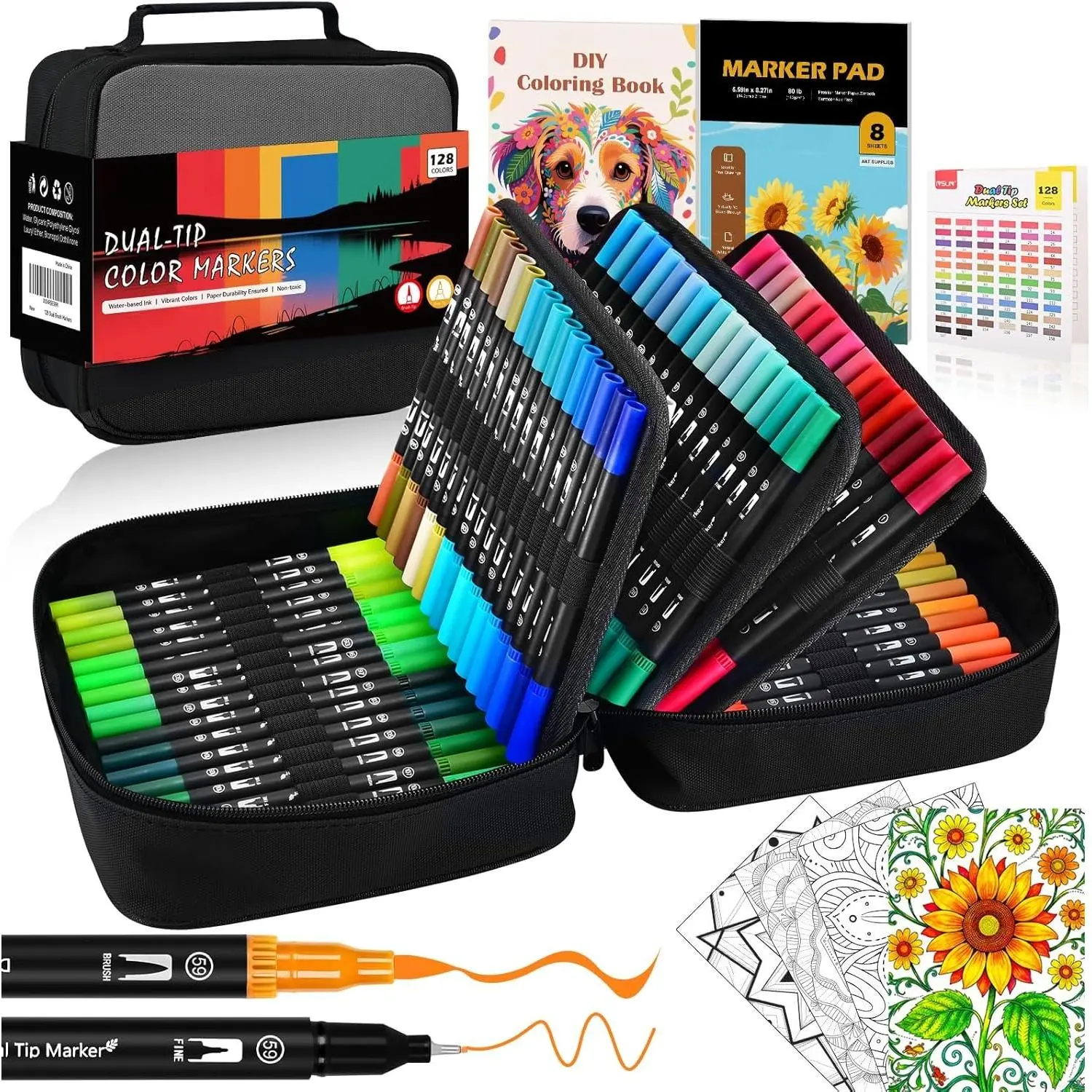 128-Color Double-Tip Watercolor Markers Set with Storage Bag - Brush & Fine Tips, Office Stationery for Adult Sketching/Coloring, Art Supplies Kit for Journaling