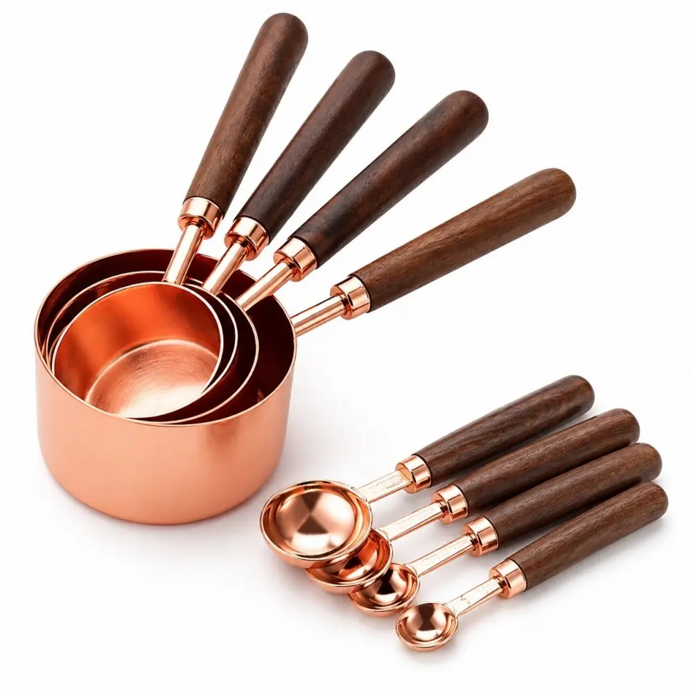 8-Piece Rose Gold Stainless Steel Measuring Cups and Spoons Set, Wooden Handle Kitchen Measuring Utensils Baking Tools, Clear Scales for Flour, Sugar, Coffee, Spice, Liquid Measurement
