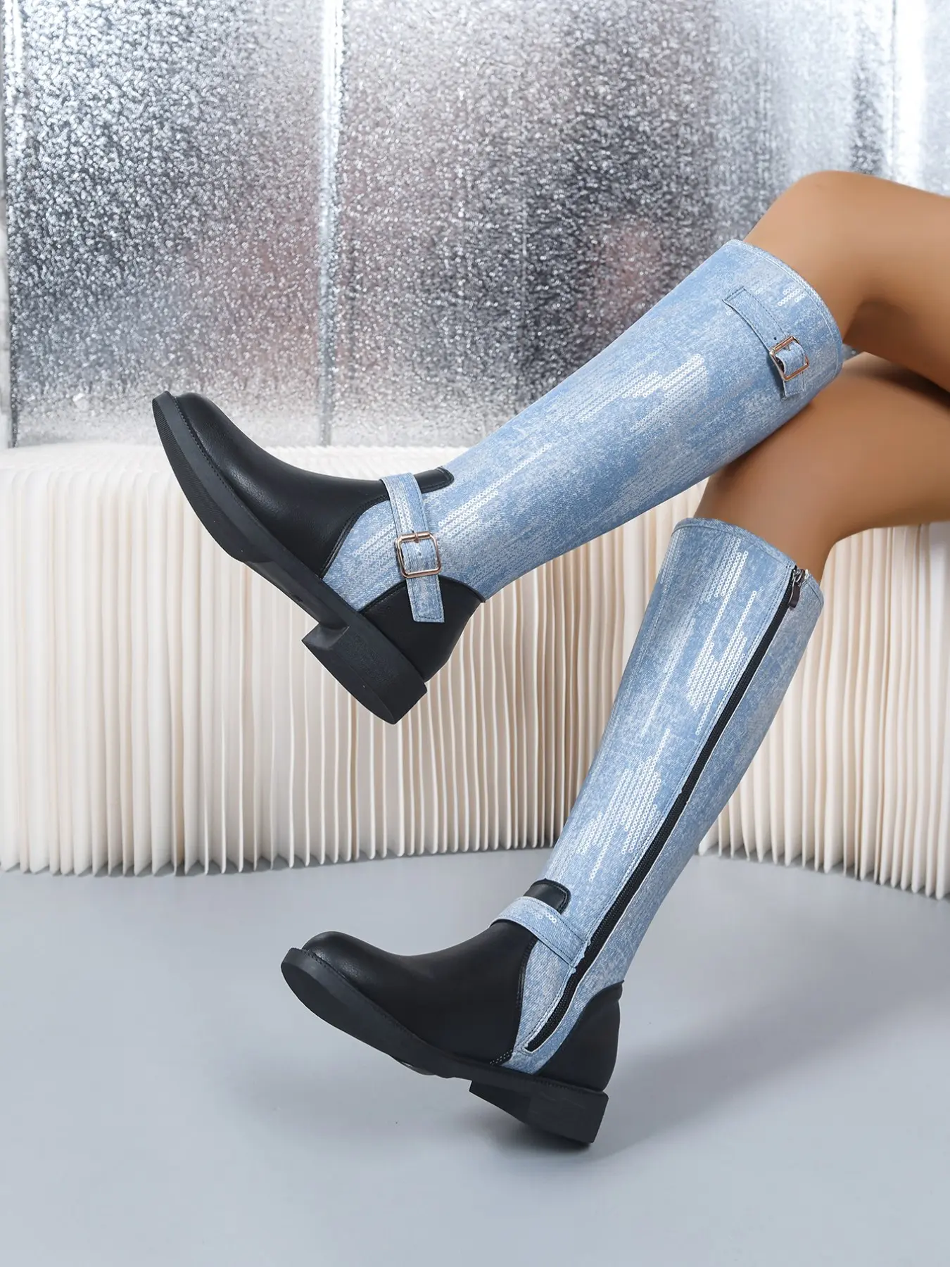Women's Round Toe Flat Sole Denim Patchwork Tall Boots, Dual Buckle Decorative High Ankle Boots, Perfect for Dates and Various Occasions, Patchwork Design Boots