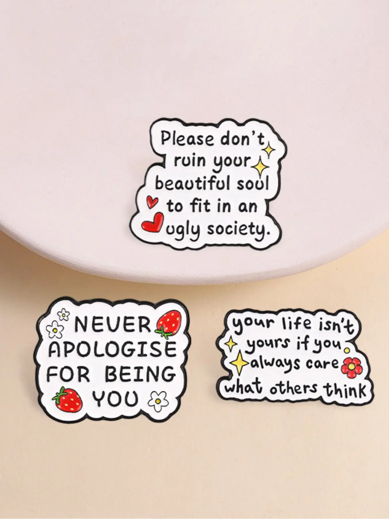 3pcs Inspirational Self-Love Quote Enamel Pin, Fun Strawberry Star Motivational Slogan Badge, Fashion Backpack Clothes Accessory, Encouraging Gift for Friends