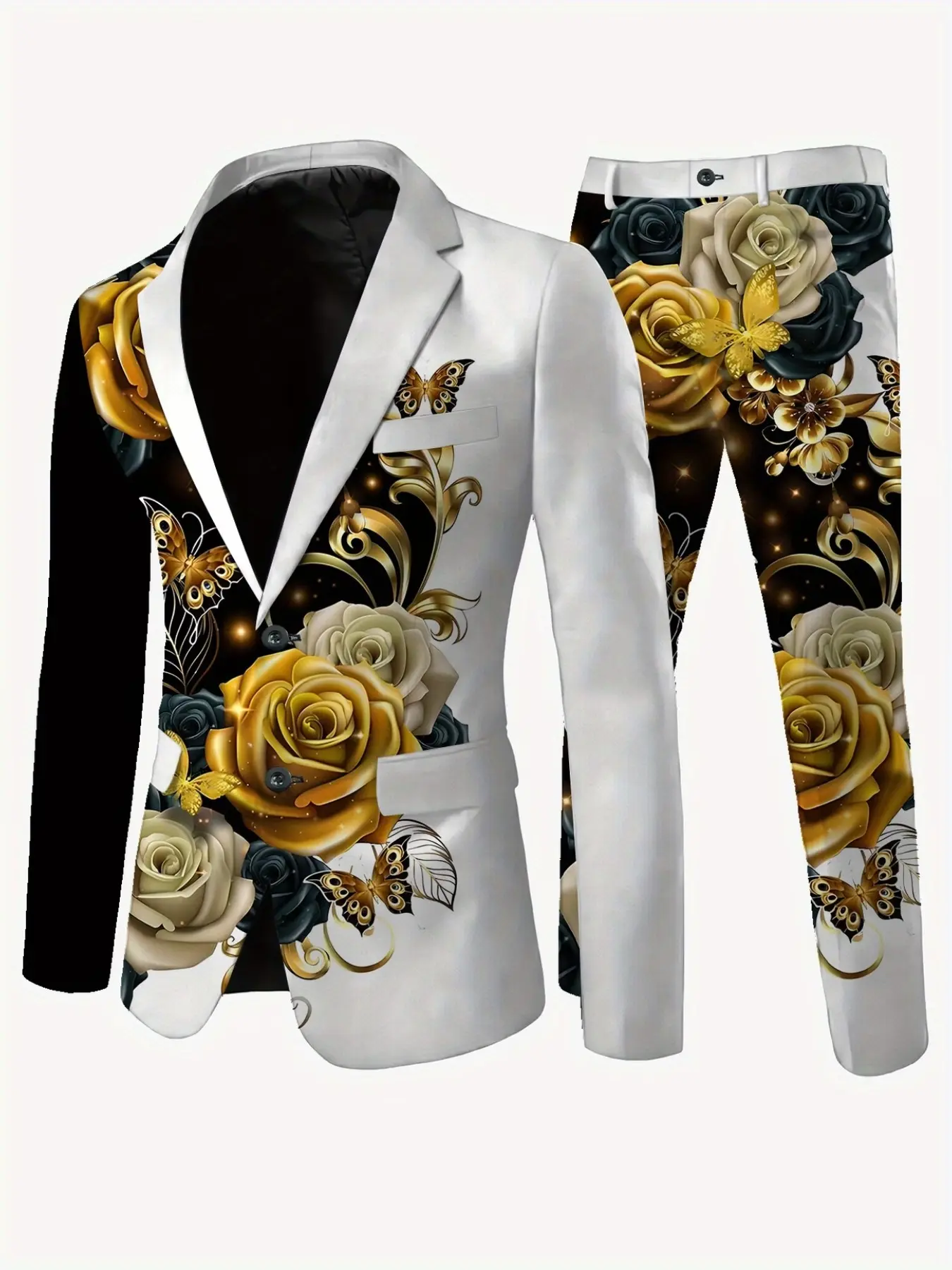 Men's Two-Piece Gold Rose Butterfly Print Blazer Set, Slim-Fit Long Sleeve Suit, Floral Pattern, Casual Evening Wedding Party
