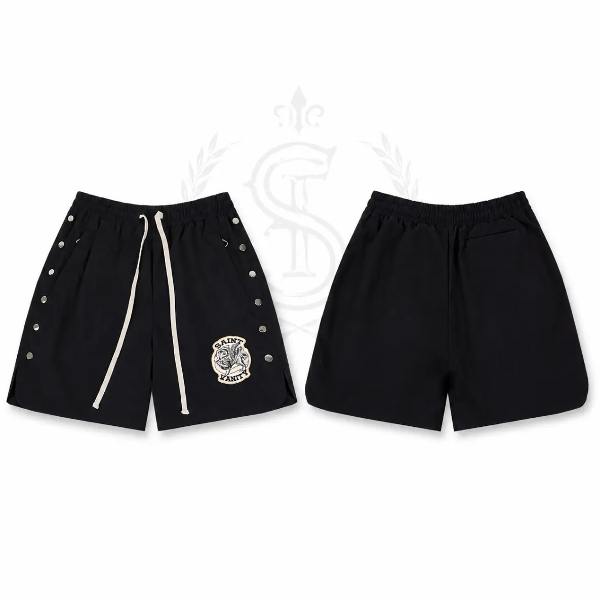Saint Vanity Nylon Shorts, Premium Metallic Snap Button Swim Trunks for Men, Unisex Relaxed Fit Sports Boardshorts with Embroidered Patch, Trendy High-Street Waterproof Casual Summer Gym Clothes