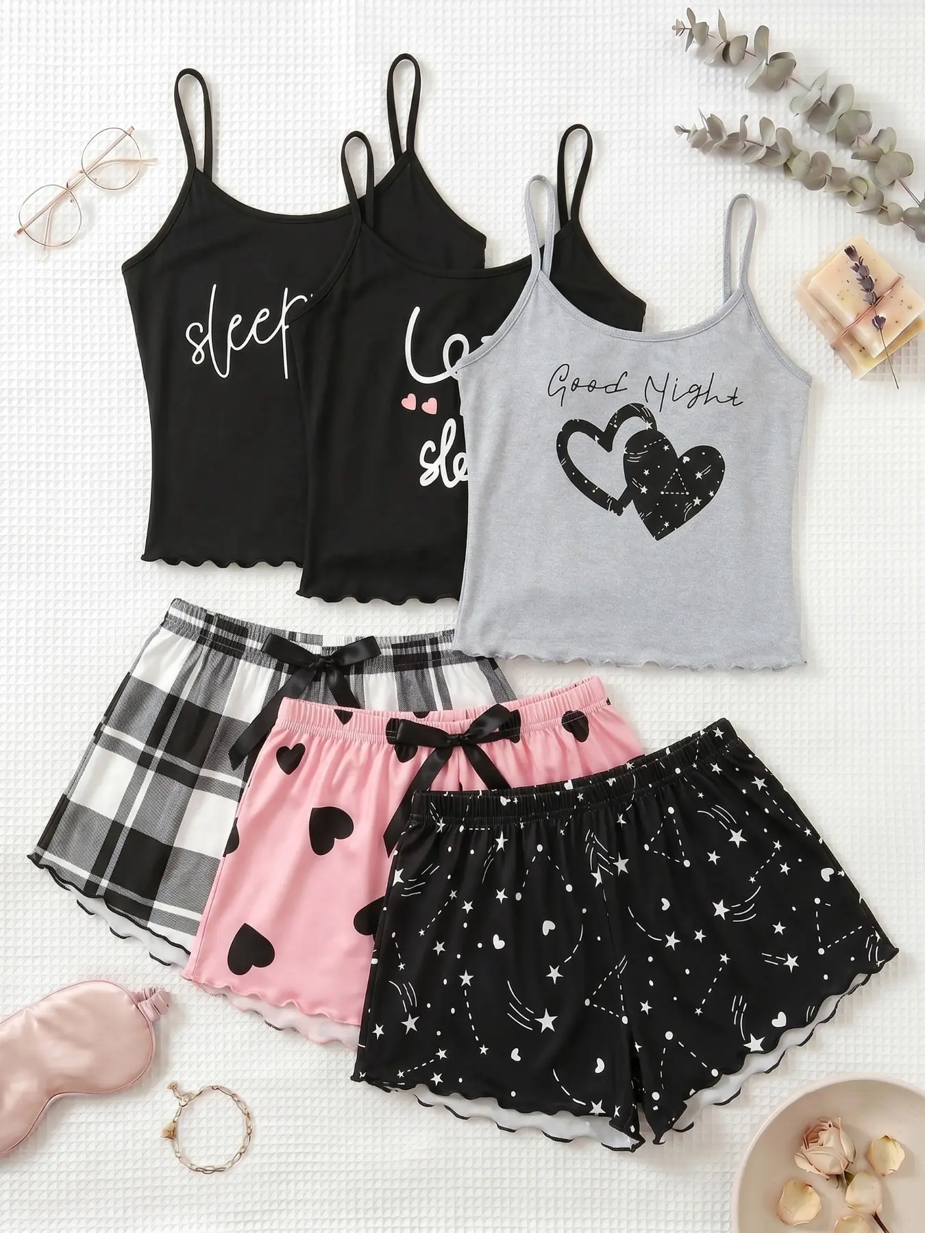 3-Piece Set, Heart Letter Print, Spaghetti Strap Sleeveless Top + Shorts Women's Pajamas, Cozy Home Wear, Everyday Loungewear, Nightwear, Soft, All-Over Print, Above Knee Hem, Slim-Fit