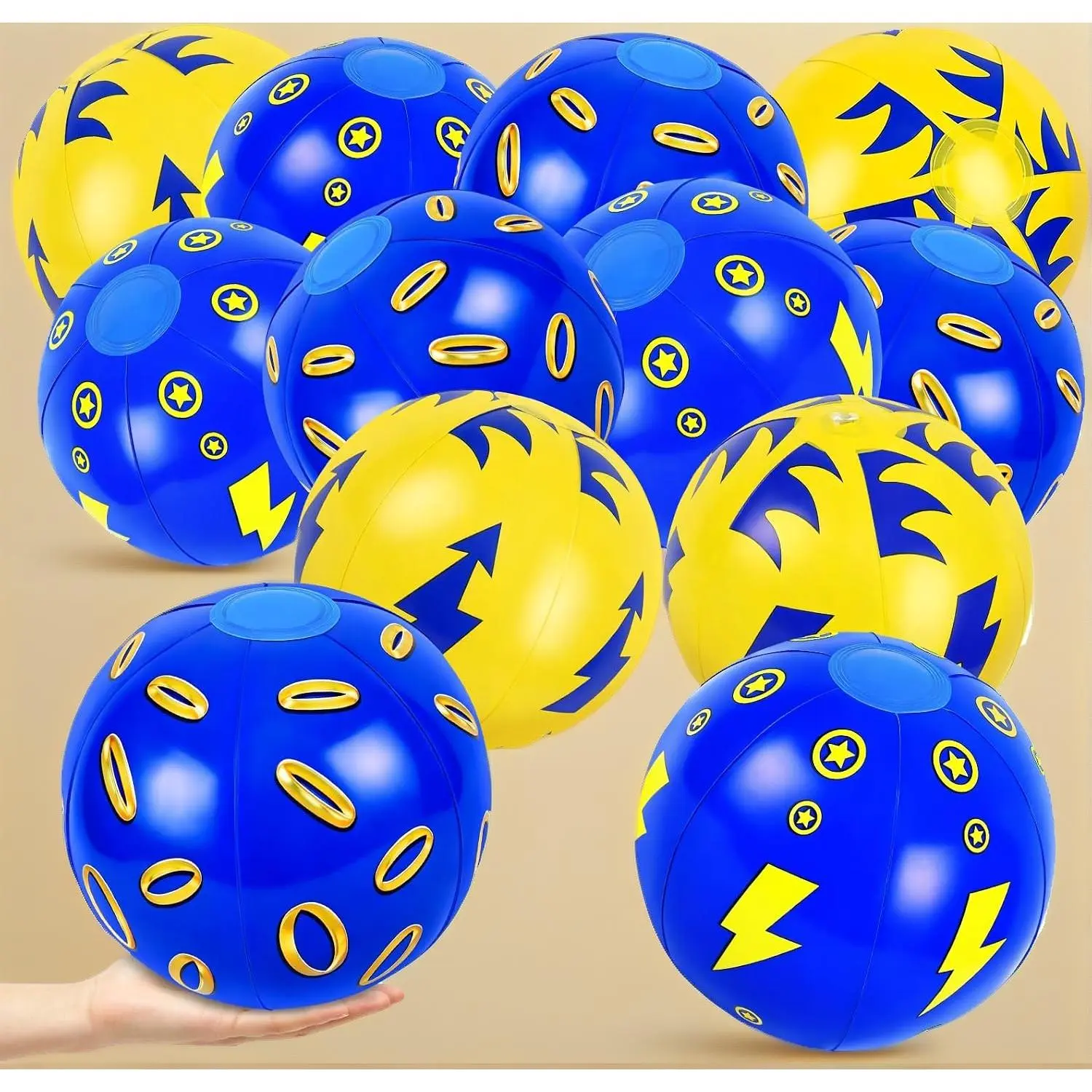 12 Pack 8 Inch Blue Golden Cartoon Beach Balls, Inflatable Pool Floating Toys, Summer Pool Game Supplies, Birthday Party Decor & Bulk Party Favors