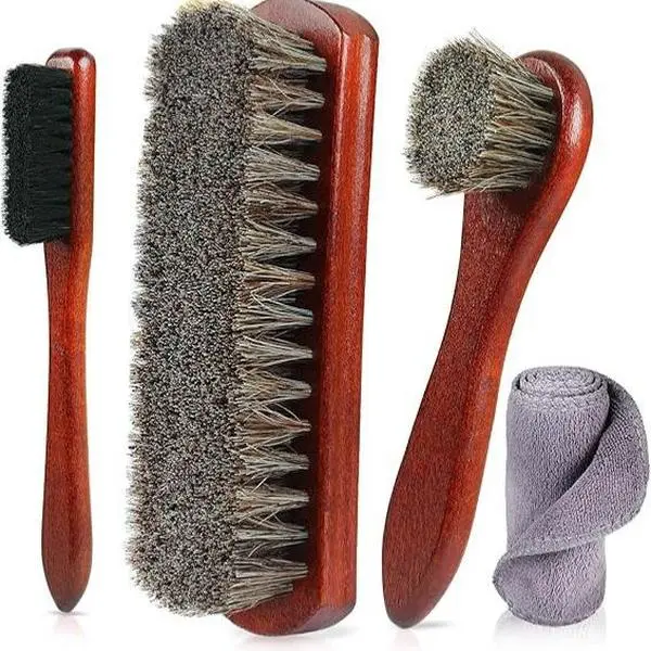 Horsehair Shoe Care Brush Set, Wood Handle Leather Cleaning Kit for Shoes, Boots & Polishing