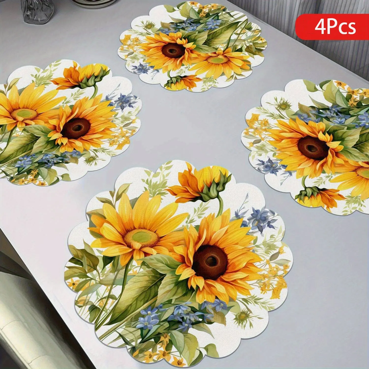 4 Pieces Placemats,Sunflowers Printing Place Mats Non Slip 15inch Wave Round Cloth Dining Table Mats Party Kitchen Dining Decoration