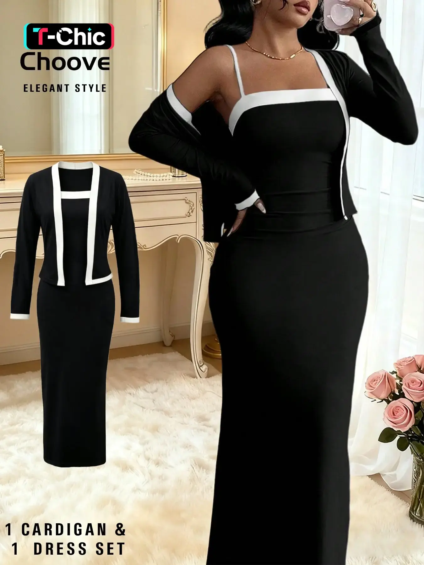 2pcs/Set Women's Elegant Black And White Color Block Long Sleeve Cardigan And Slip Dress Suit, Date Party Outfit, Commute Autumn/Fall Wear