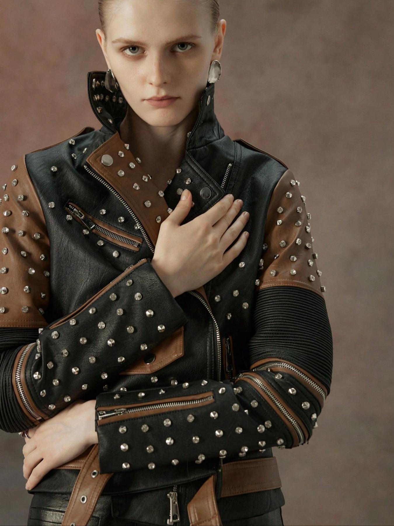 Women's Spring Autumn Jacket with Belt, Casual Vintage Simple Motorcycle Jacket, Rivet Coat with Pockets and Asymmetrical Zipper, Zip Front Jacket