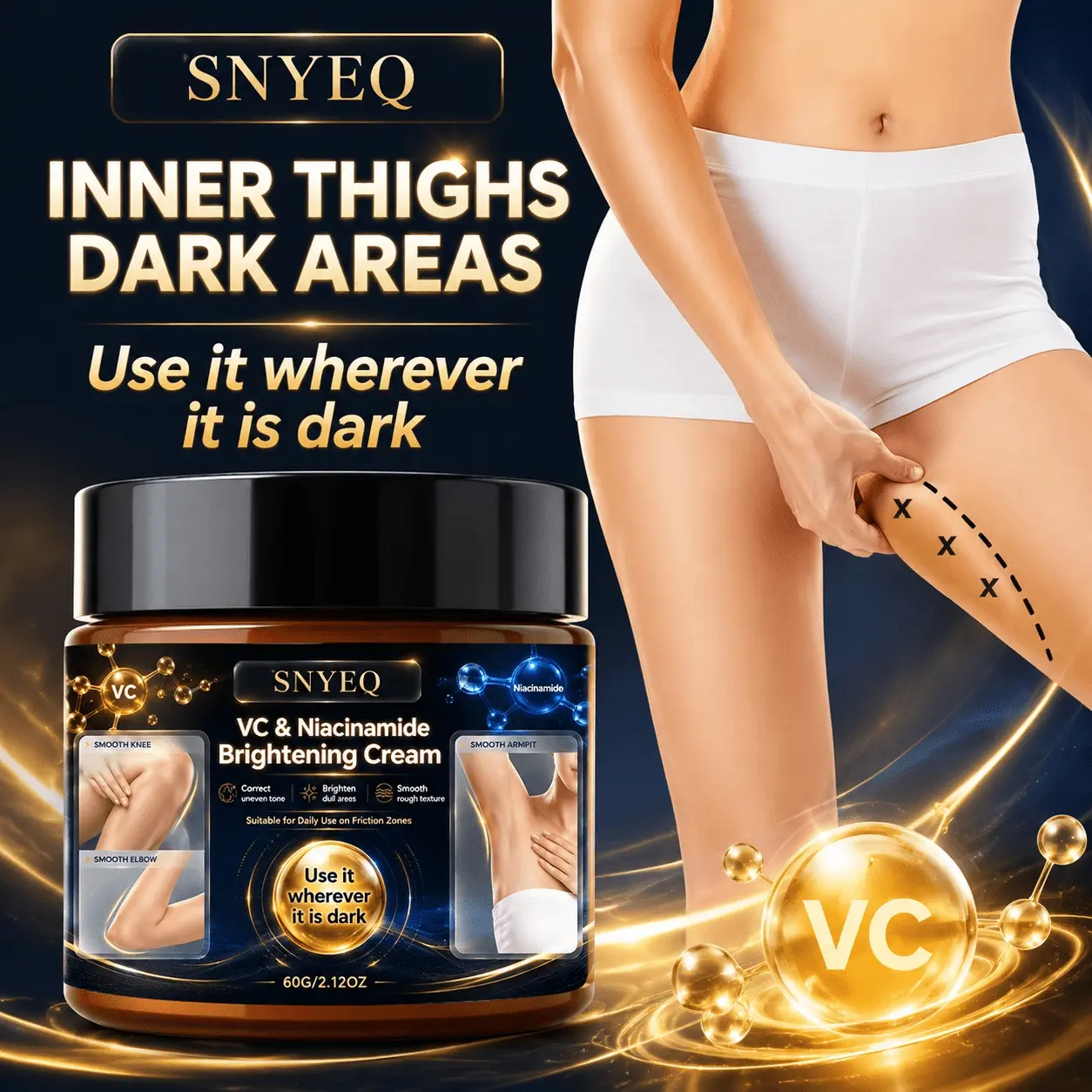 VC & Niacinamide Body Brightening Cream, Body Care Moisturizer, Suitable for dark areas on inner thighs, underarms, elbows and other body parts to improve dull complexion. Reveals smoother and more even skin tone wherever applied