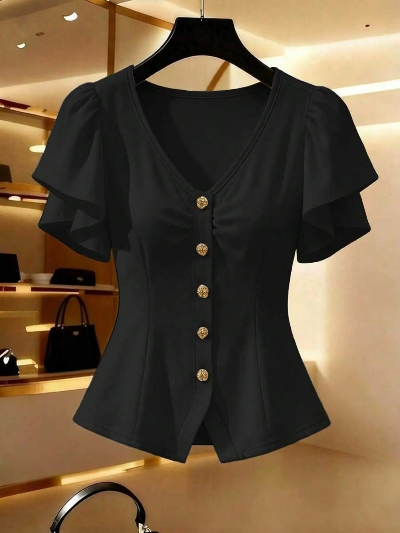 French Style V Neck Pleated Short Sleeve Women's Top, Flutter Sleeves Button Waist Slimming Elegant Shirt, Fashionable Ladies' Blouse