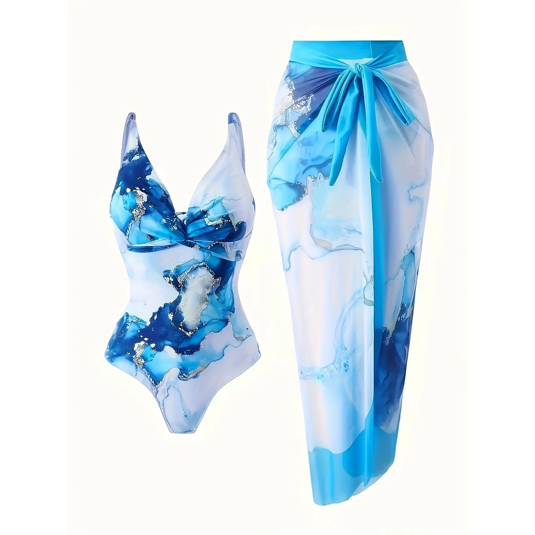 Women'S Deep V-Neck 1pc Swimsuit with Long Beach Cover Ups Wrap Skirt, Chest Twisted Knot Design Tummy Control Bathing Suit, Blue And White Gradient Marble Texture Prints Swimwear Sets Suitable for Beach Vacation And Water Activities