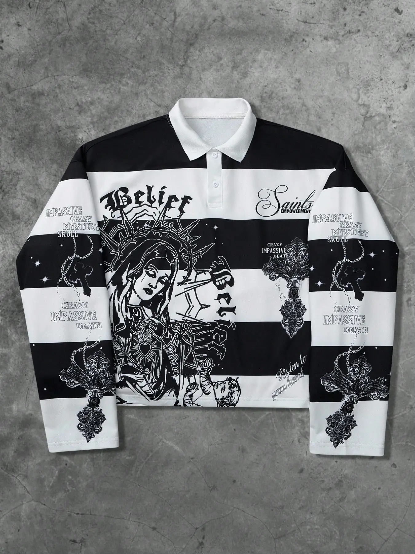 Men Cropped Long Sleeve Striped Polo Shirt, Classic, Gothic Virgin Mary Cross Chain Graphic Street Top, Punk Grunge Collared Button Placket Blouse, Y2K Alt Hip Hop Oversize Crop Tee, Breathable Soft Daily Urban Streetwear