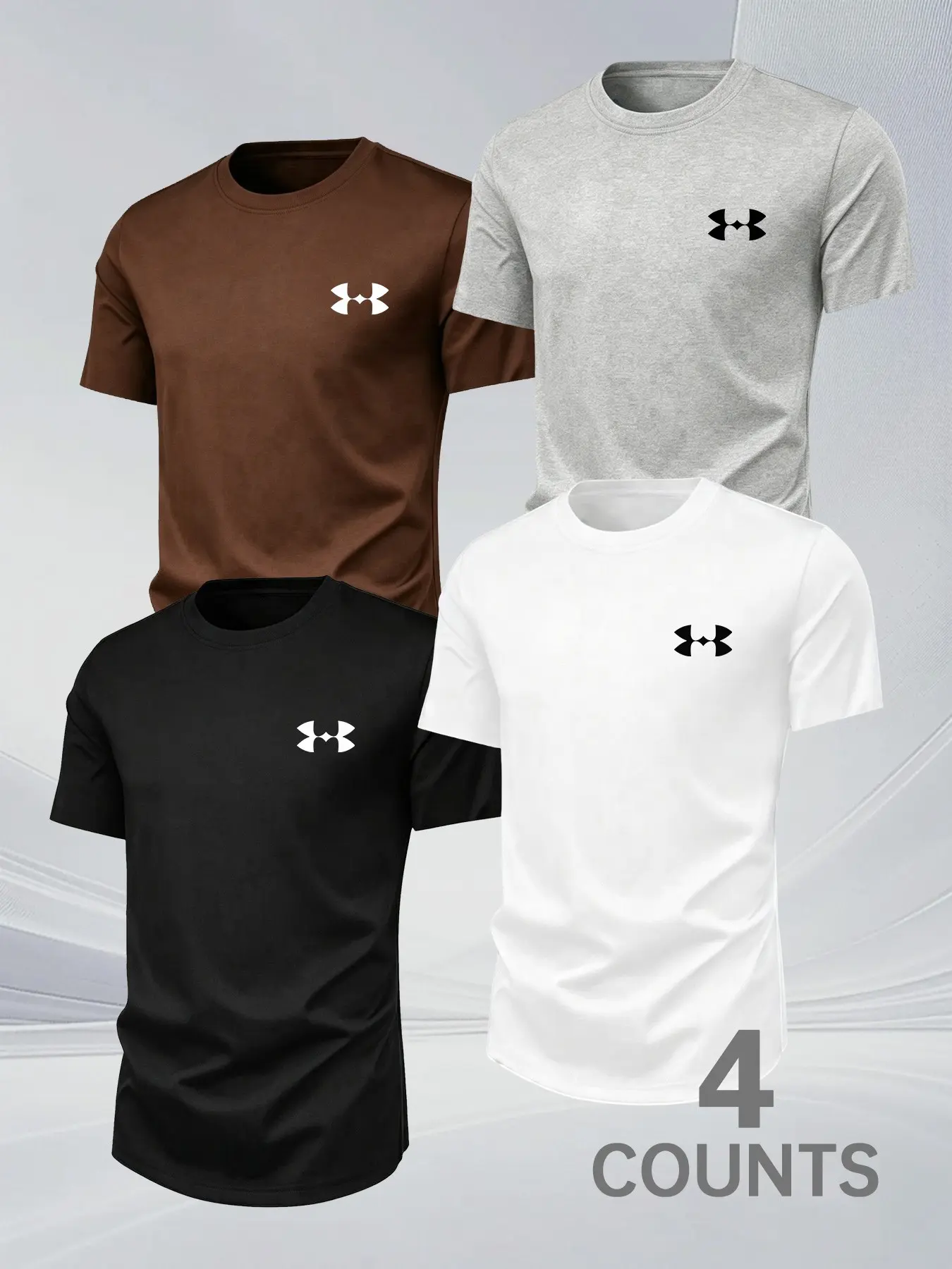 Men's High Stretch Sporty Short Sleeve Breathable Casual Cotton T-Shirt, 4-Pack, Multiple Colors, Minimalist Geometric Design, Creative Logo