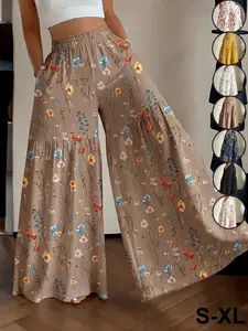 Women's French Country Ditsy Floral Print Wide-Leg Trousers, High-Waisted Flowing Pants, Summer Vacation Casual Style, Comfortable Loose Fit with Pockets
