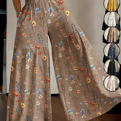 Women's French Country Ditsy Floral Print Wide-Leg Trousers, High-Waisted Flowing Pants, Summer Vacation Casual Boho Style, Comfortable Loose Fit with Pockets