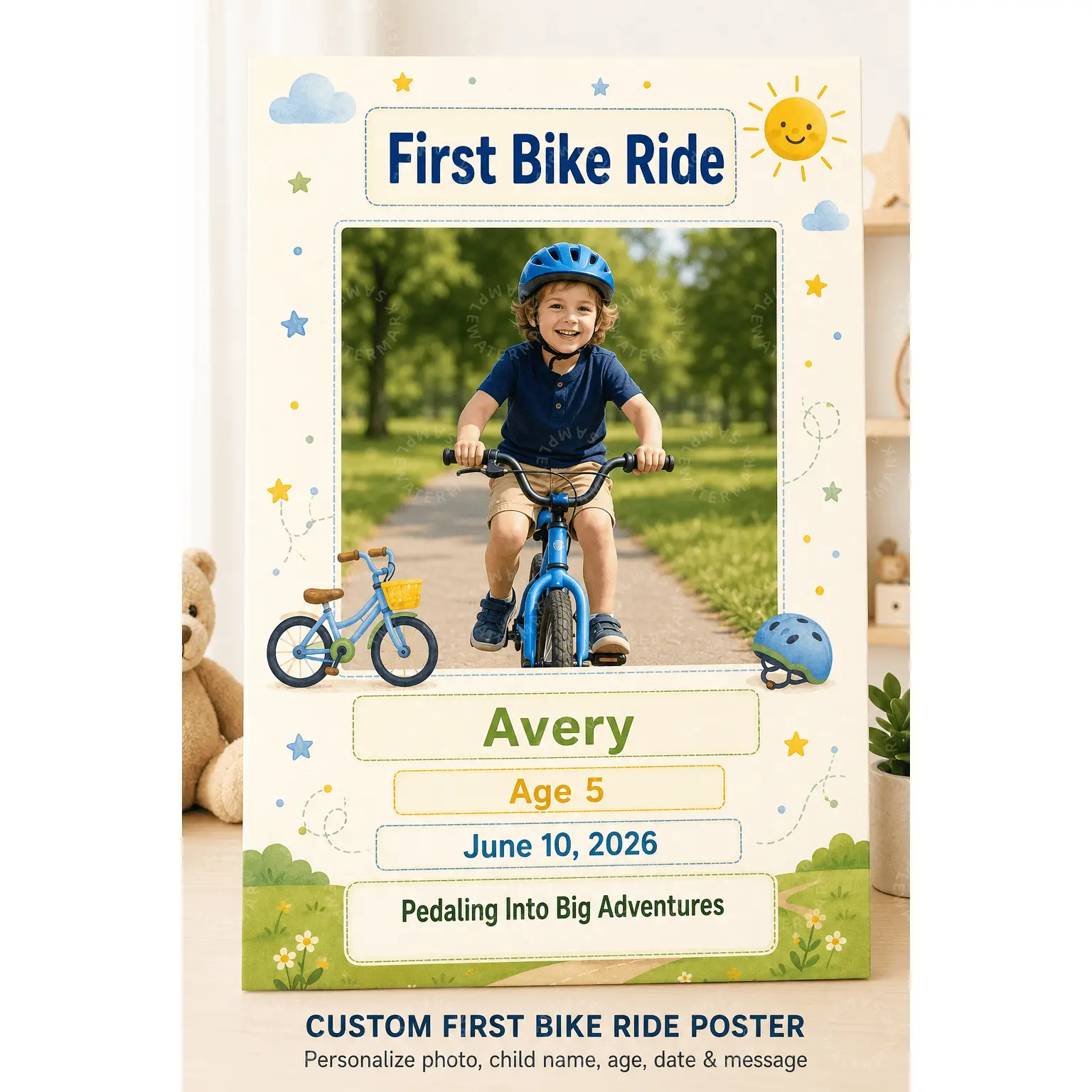 Custom First Bike Ride Photo Poster, Personalized Kids Milestone Wall Art, Bicycle Memory Canvas Print, Nursery Decor, Playroom Wall Art, Child Gift, Bedroom Aesthetic Poster