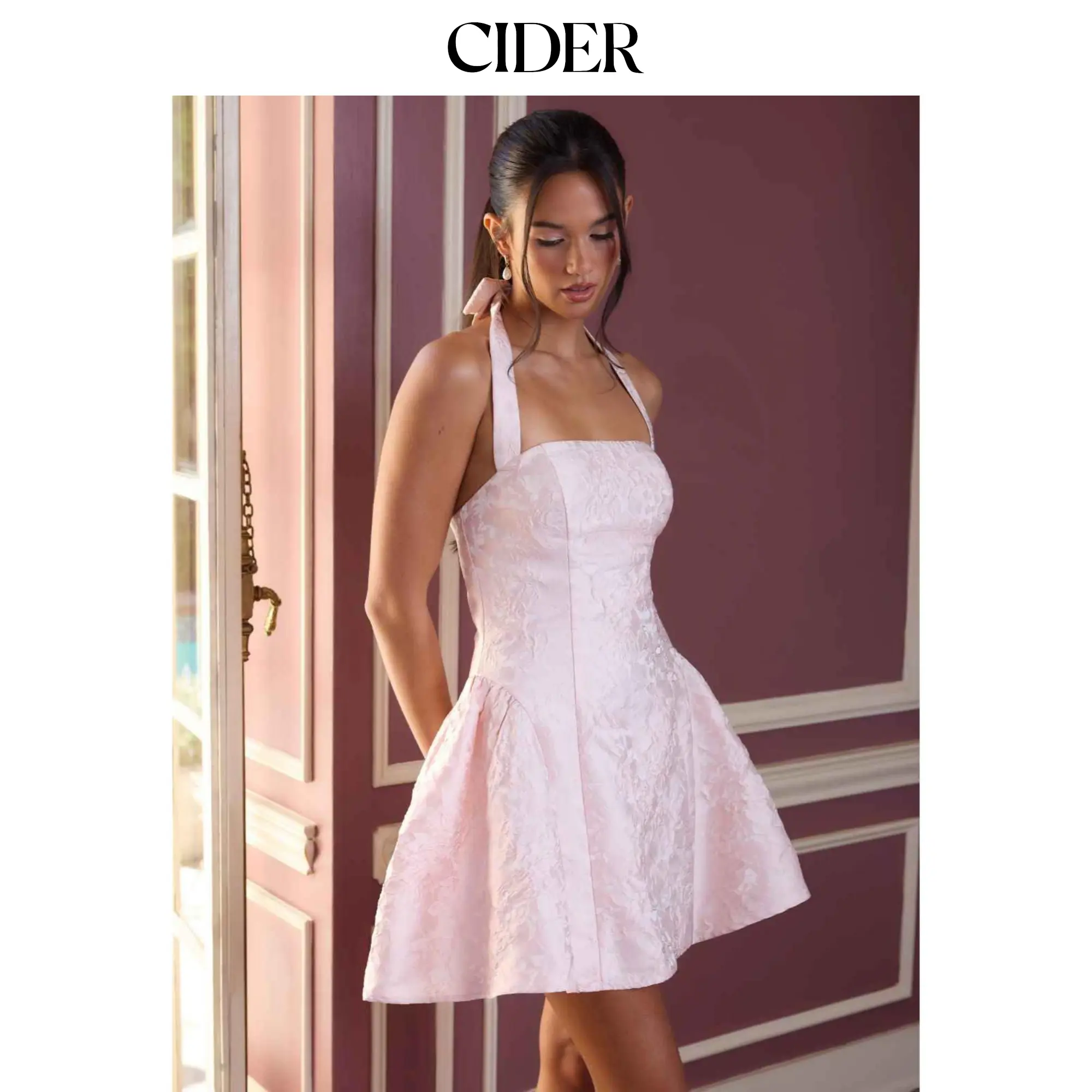 Cider Jacquard Halter Neckline Floral Bowknot Ruched Flared Mini Dress SohoChic