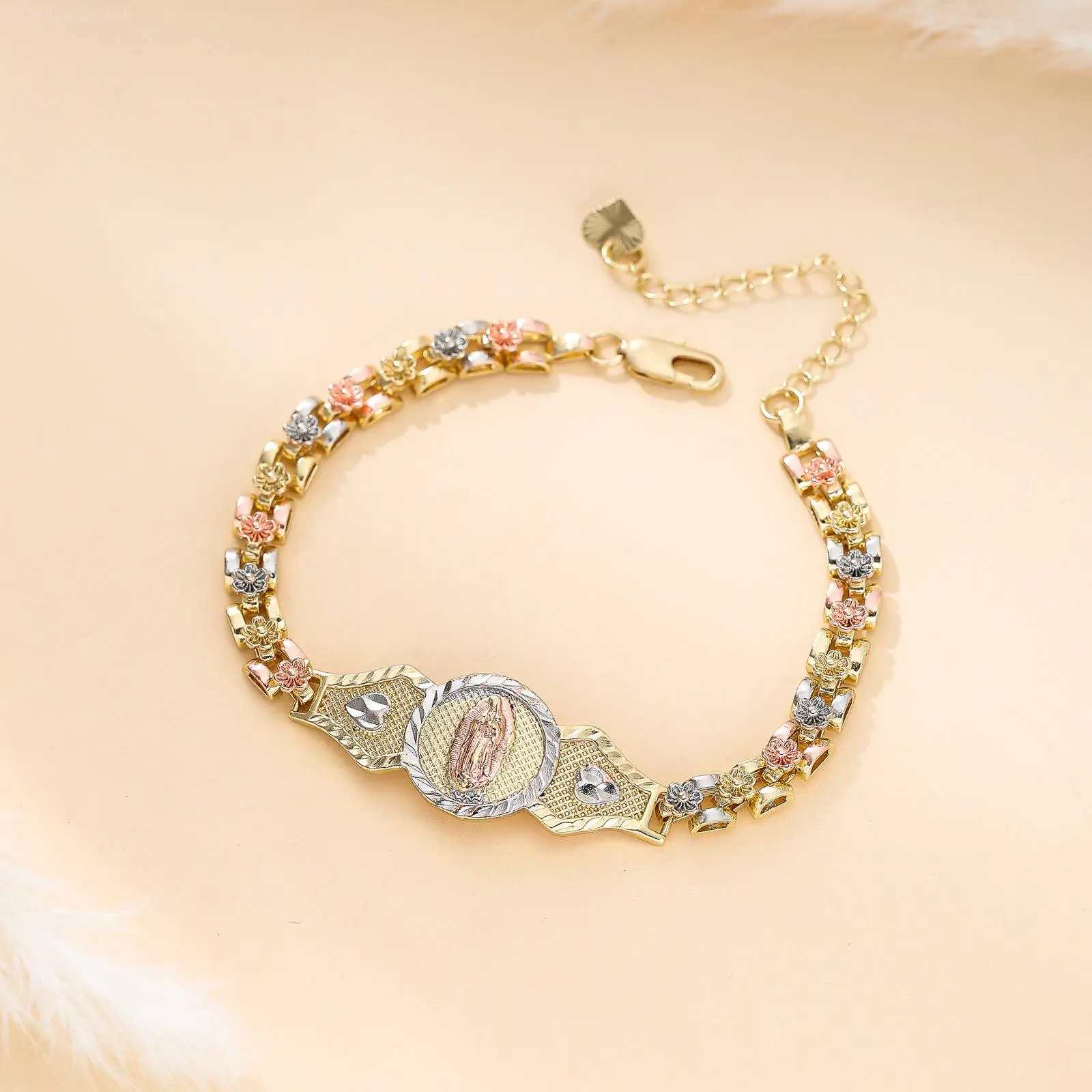 Christian Style Spiritual Jewelry for Women, Tri-Tone Floral Link Chain Featuring a Virgin Mary Charm, Adjustable Fit, Floral Charm Bracelets, Religious, Adjustable Chain, Virgin Charm
