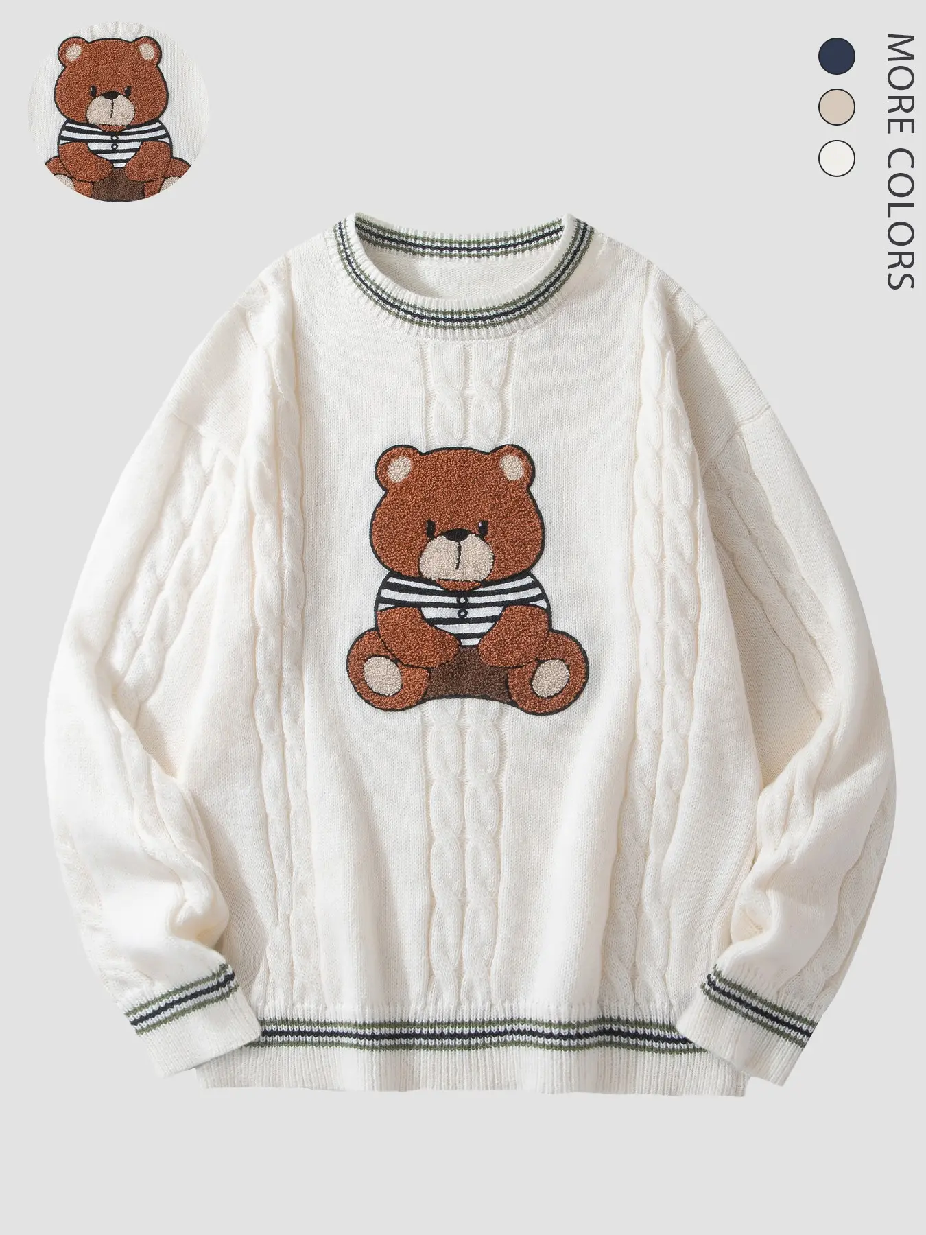 Unisex Fall Winter Round Neck Knit Sweater, 3D Plush Cartoon Teddy Bear Patch, Soft Twist Texture, Casual Long Sleeve Warm Pullover, 3 Colors Available