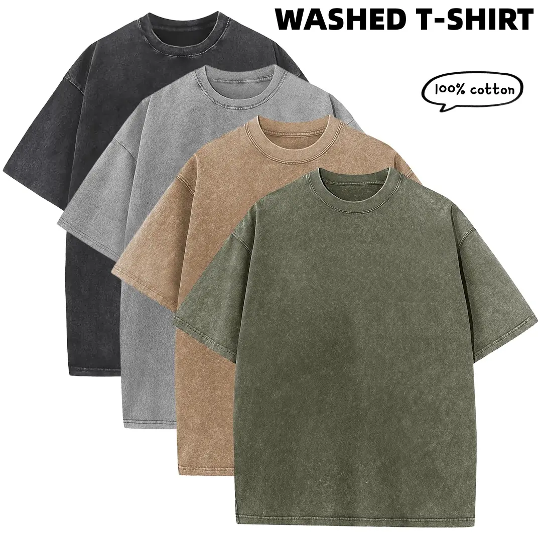 Men's 4-Pack Oversized Pure Cotton T-Shirts - Vintage Heavyweight Acid Wash Loose-Fit Medium Length Gym Workout Running Tops