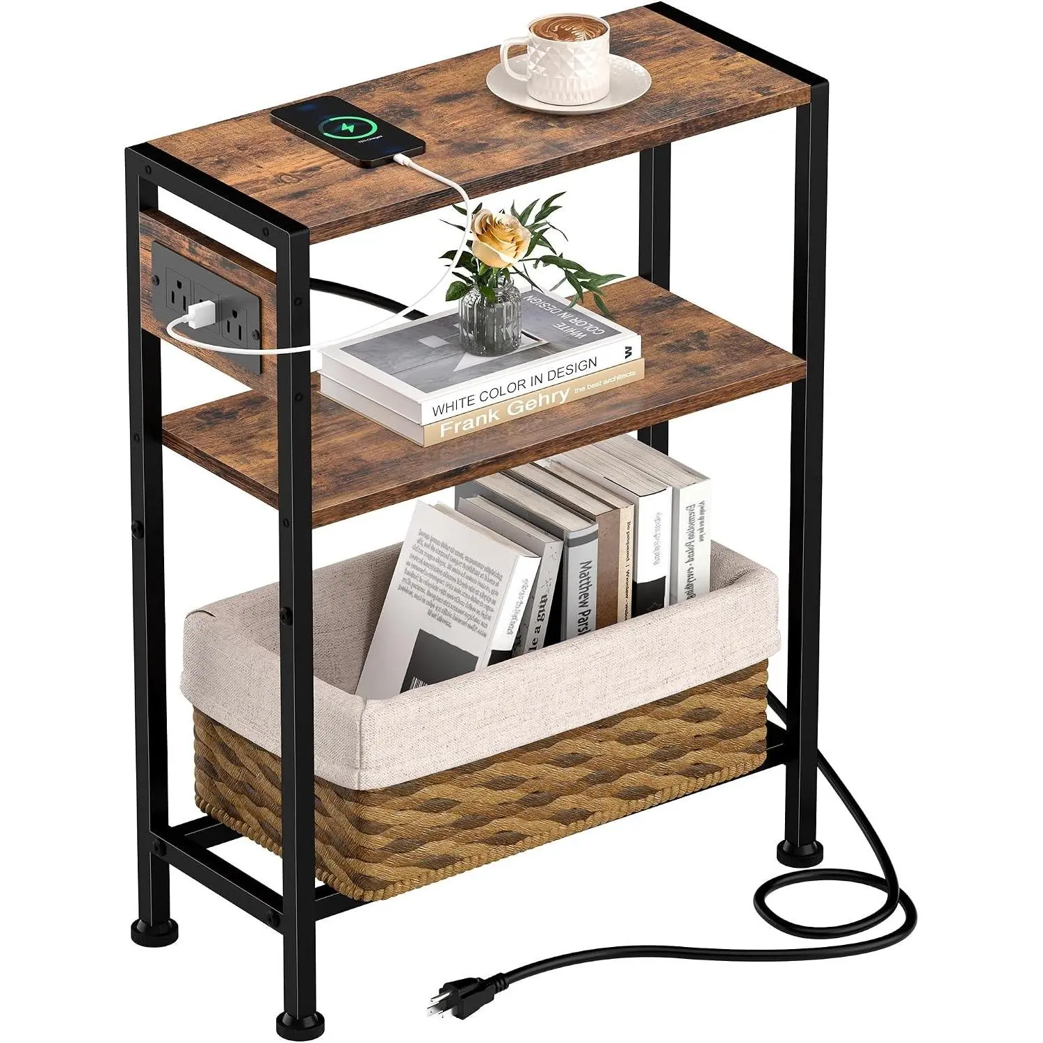Small Narrow Side Table with Charging Station, Skinny End Table for Small Spaces, Slim Nightstand with Outlets, Sofa Bedside Table in Living Room, Bedroom, Study, Kitchen and Balcony (Rustic Brown)
