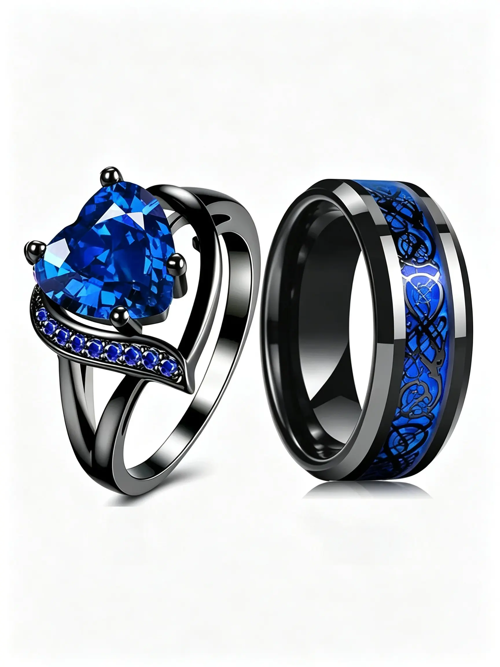 Heart Blue Gem Matching Couple Rings Set, Romantic Starry Sky Band Jewelry, Perfect for Wedding Engagement Promise Gifts