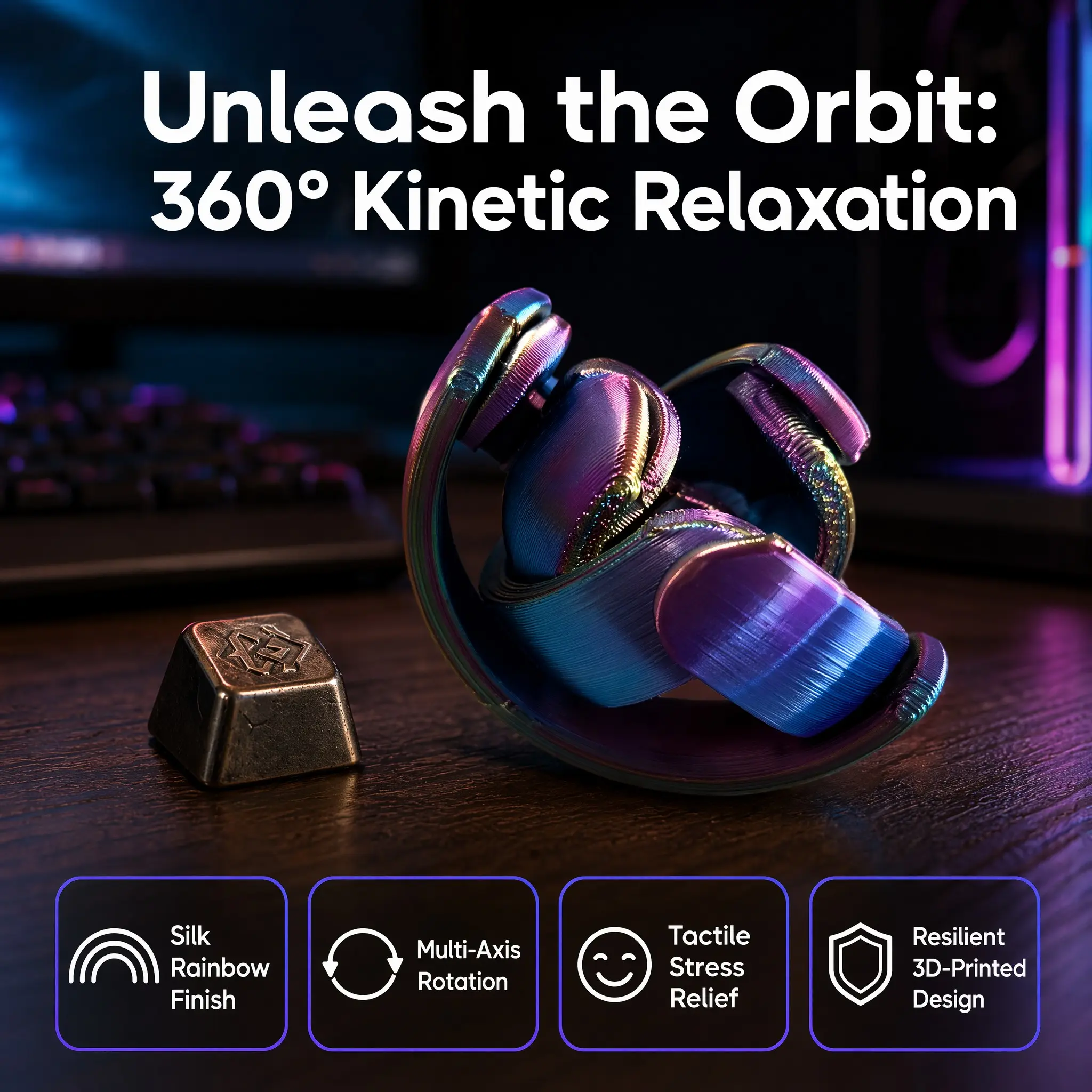 3D Printed Rainbow Orbit Fidget Spinner, Multi Axis Rotation, Stress Relief Decor, Adhd Anxiety Relief, Desk Ornament for Adults, Stress Reliever