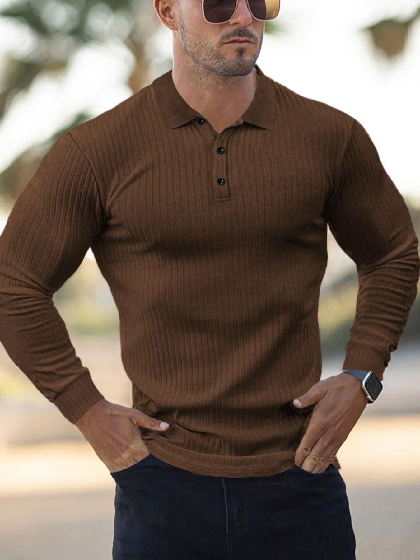 Men's Solid Color Button Polo Shirt, Regular Fit Business Casual Long Sleeve Top, Spring & Fall Fashion, Daily Wear Men's Clothing