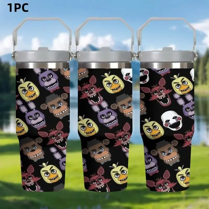 1pc 30oz Stainless Steel, Double Wall Insulated Mug, Five Nights at Freddy's, Cute Character All-Over Print Outdoor Water Bottle, with handle and straw, car mug, Insulated Travel Tumbler, Insulated Vacuum Tumbler, personalized gift