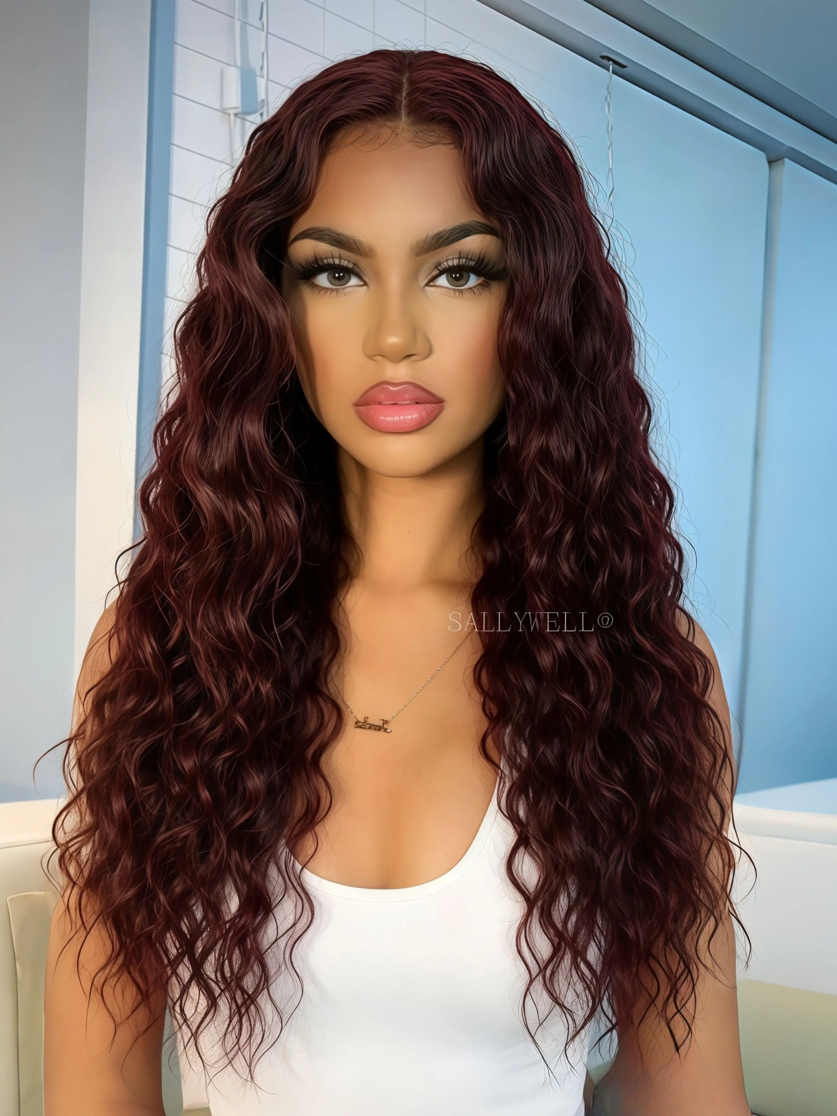 99J Burgundy Deep Wave 13x4 Lace Frontal Wig, 28 Inch Long Loose Curly Synthetic Lace Front Wigs with Natural Hairline, Heat Resistant Black Mixed Wine Red Wavy Wig for Music Festival Styling, Premium Synthetic Wigs