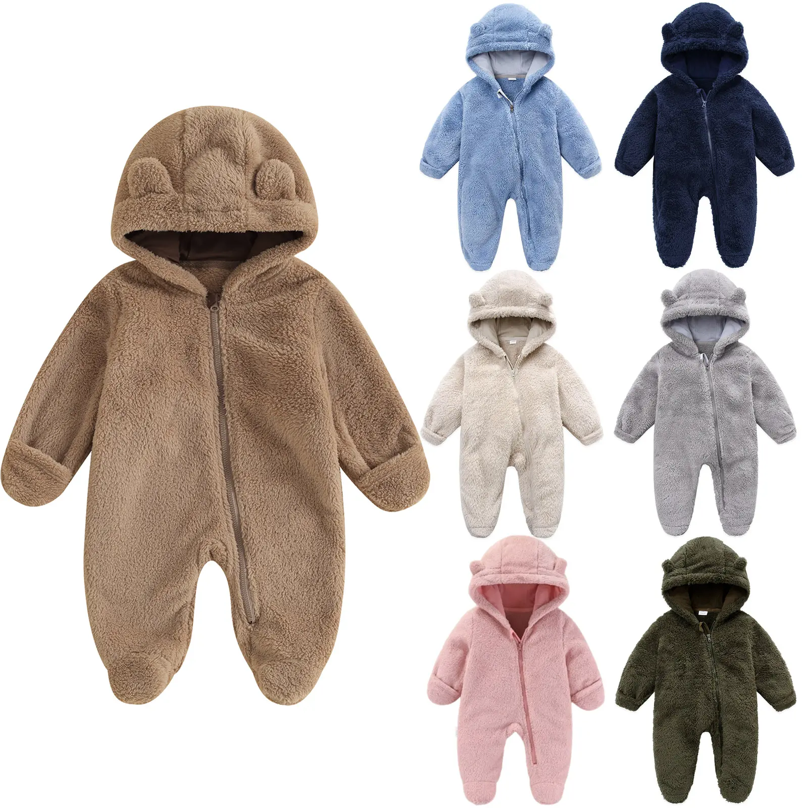 Baby Boys Girls Winter Jumpsuit Newborn Cute Bear Snowsuit Fleece Long Sleeve Footed Hooded Zipper Romper Winter Coat Outwear Warm Outfits