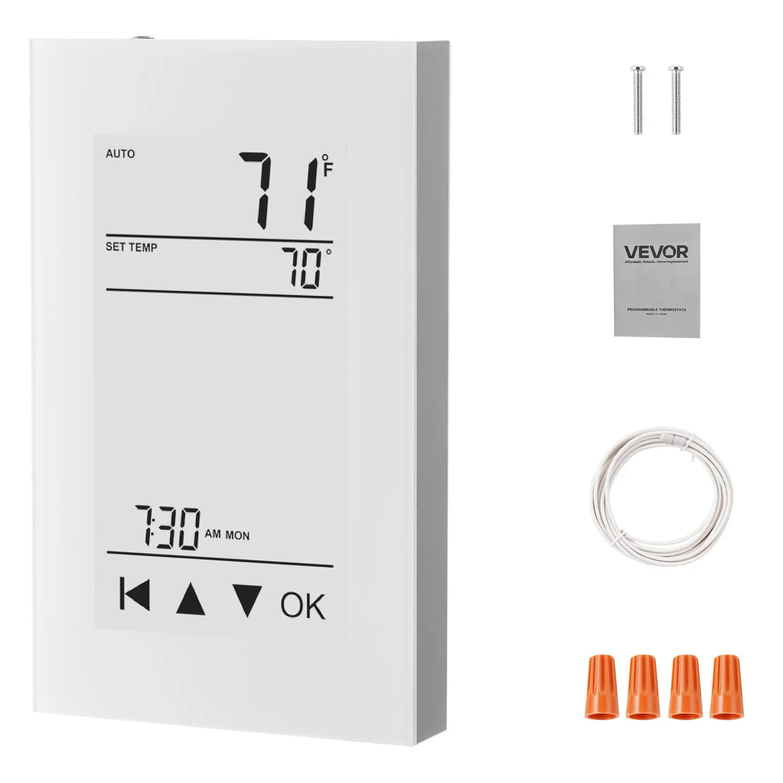 VEVOR 7-Day Programmable Thermostat Controller, 120V/240V AC Power ABS+PC Heating Control for Radiant Underfloor Heating Cable, Heat Pump, with GFCI, Sensitive Sensor, LCD Touchscreen LED Screen, Energy-Efficient Gray-White (Without Wifi)
