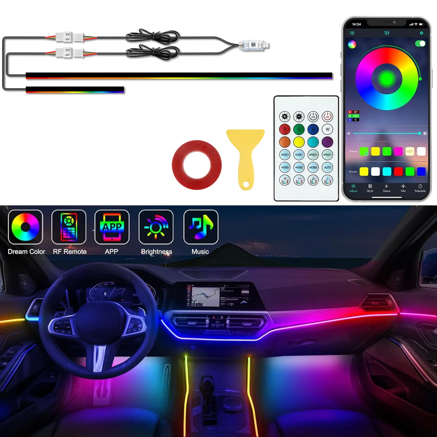 USB RGB led Acrylic Hidden Car Interior Ambient Light Strip, 110cm+35cm 2-in-1 Neon Light, Bluetooth APP/Remote Control, Music Sync Gradient Mode, Flexible Plug / Play Decor for Sedan Night Driving