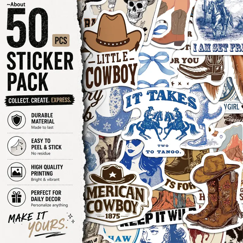 50PCS Blue Brown Denim Aesthetic Vinyl Stickers Pack for Laptop Water Bottle Phone Case Skateboard Journal Scrapbook DIY Decoration