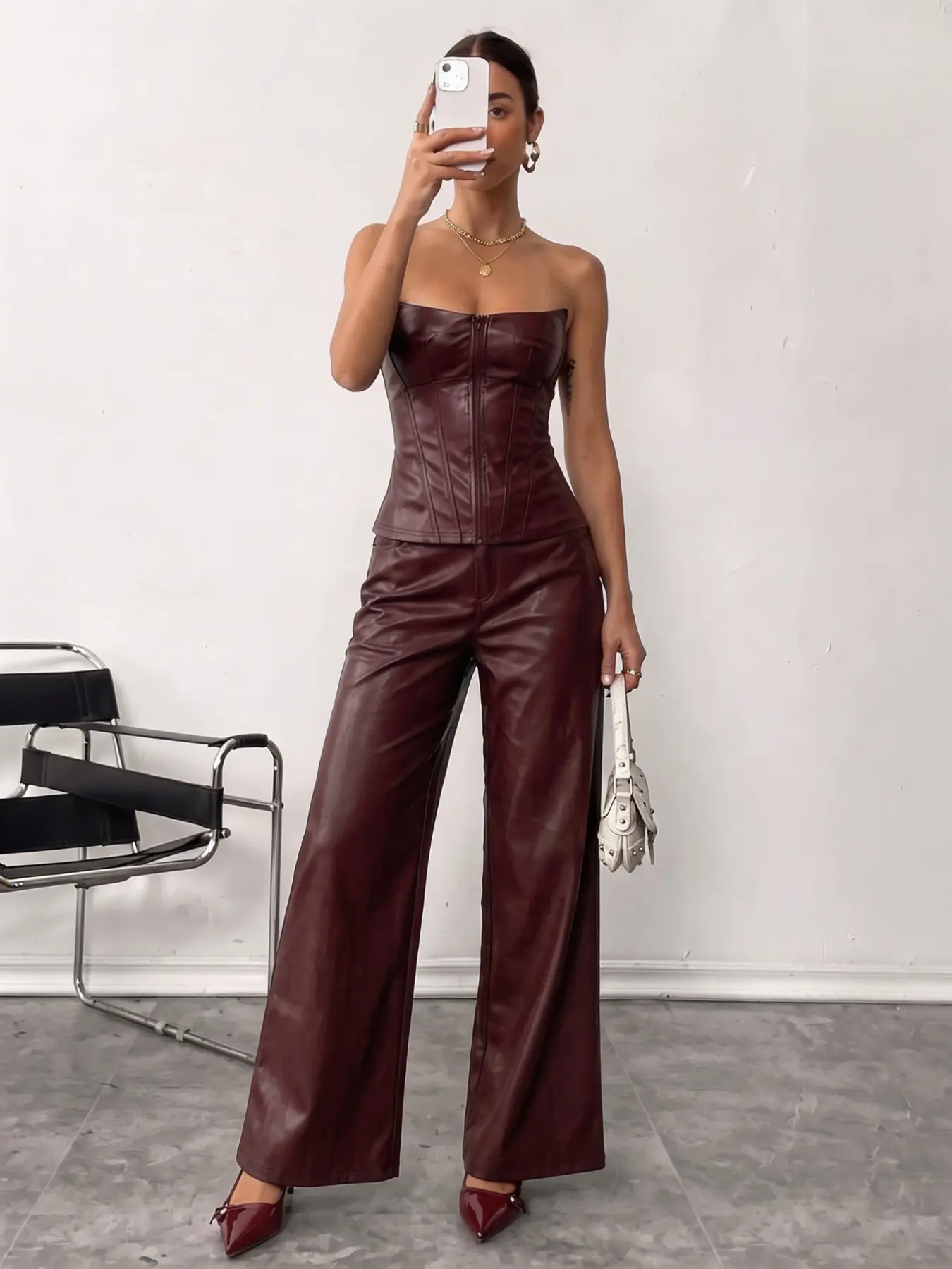 Women's PU Short Top and Wide Leg Pants Set, Casual Sexy Fall, Strapless Leather Crop Top, Leather Bodysuit, 2 Piece Set