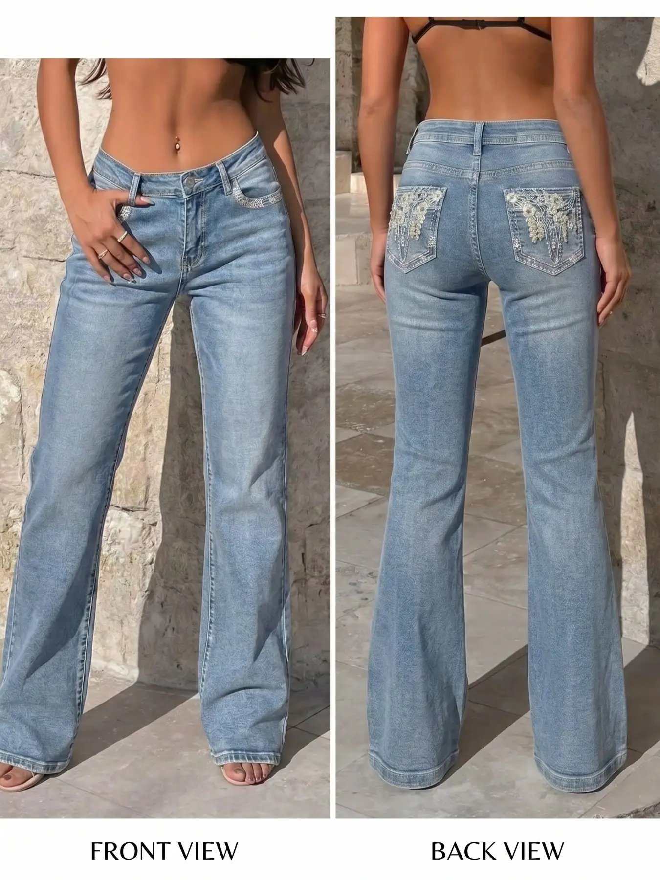 Low Waist Light Color Micro Flare Jeans for Women, Bottoms, Back Pocket Lace Floral Rhinestone Embroidery, Vintage American Style Slim Fit Long Pants