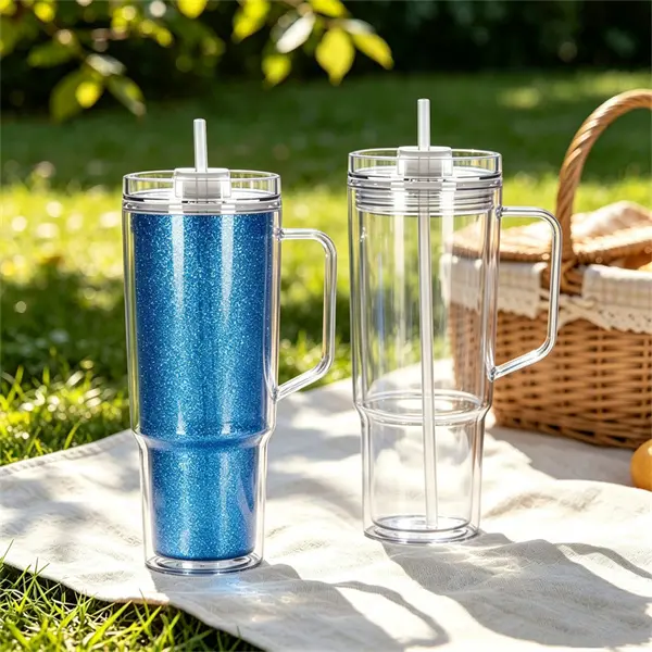 40 Oz Acrylic Snow Globe Tumbler with Handle, 2 Pack Pre-Drilled Double Wall Acrylic Clear Plastic Snowglobe Cups Tumblers for Glitter Snow Globe Diy, Iced Coffee Mugs with Lids and Straws, Silicone Stoppers