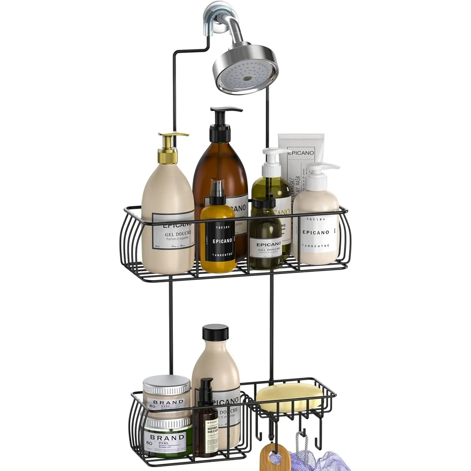 Epicano Hanging Shower Caddy, Large Capacity Black Shower Organizer, Rustproof with Built-in Soap Dish & 4 Loofah Hooks, Suction & Adhesive No-Drilling Installation, Bathroom Shelf for Inside Shower