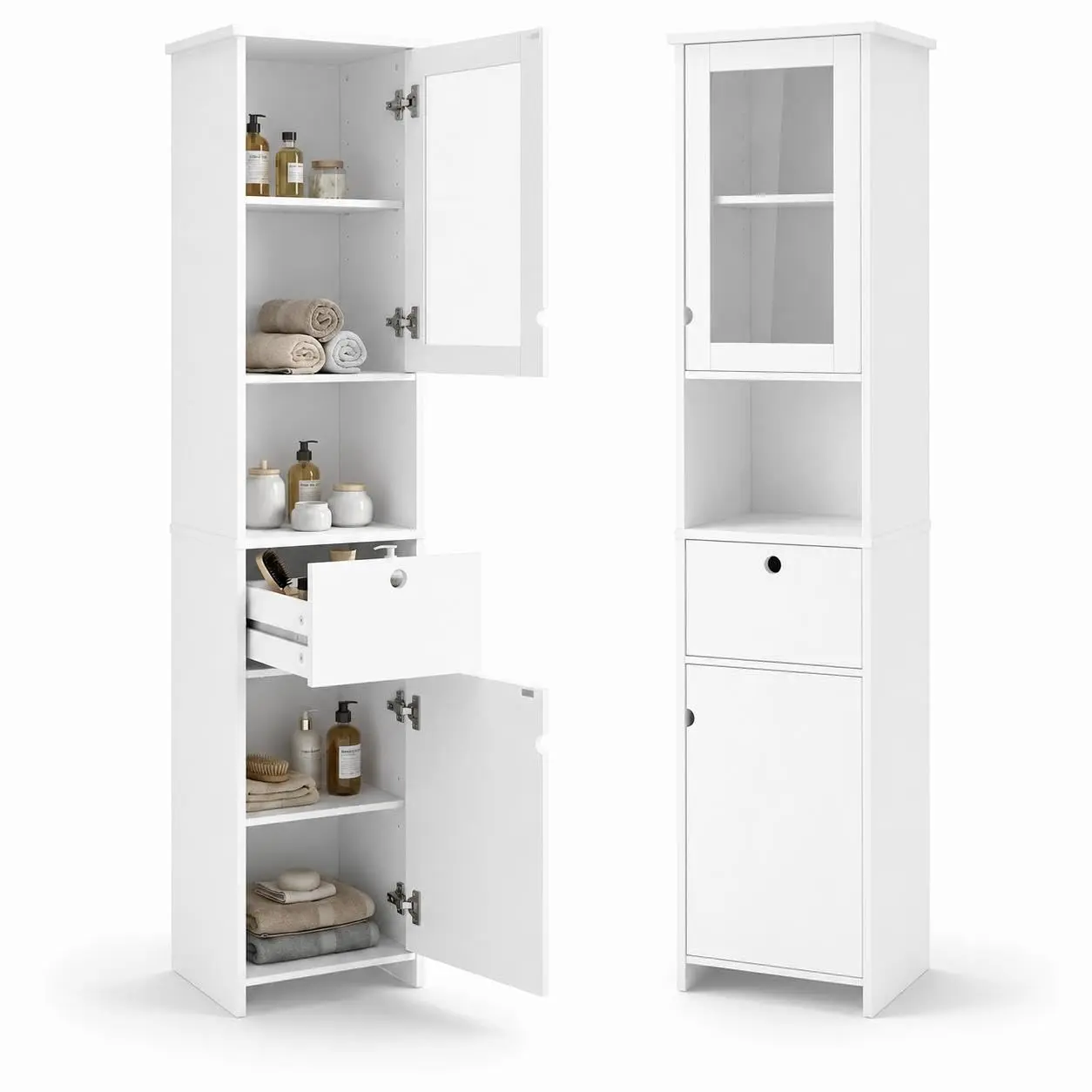 Tall Slim Storage Cabinet with Transparent Glass Doors – Adjustable and Open Shelves – Water-Resistant Painted Finish – Space-Saving Freestanding Organizer for Bathroom, Entryway, Kitchen, Living Room