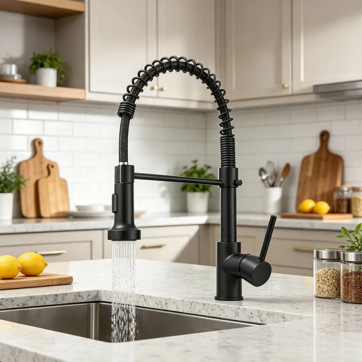 Contemporary Stainless Steel Pull-Down Spring Kitchen Faucet, Single Lever Hot & Cold Water Sink Mixer Tap with Swivel Spout