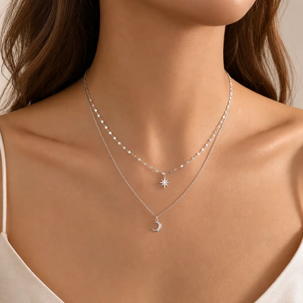 Women's Elegant Silver-Tone Alloy Long Adjustable Female Celestial Stars & Moon Dangle Necklace - Double Stacked Chain with Crystal Stones, Rhinestone Pendant, Boho Chic for Daily, Casual Wear, Gifting
