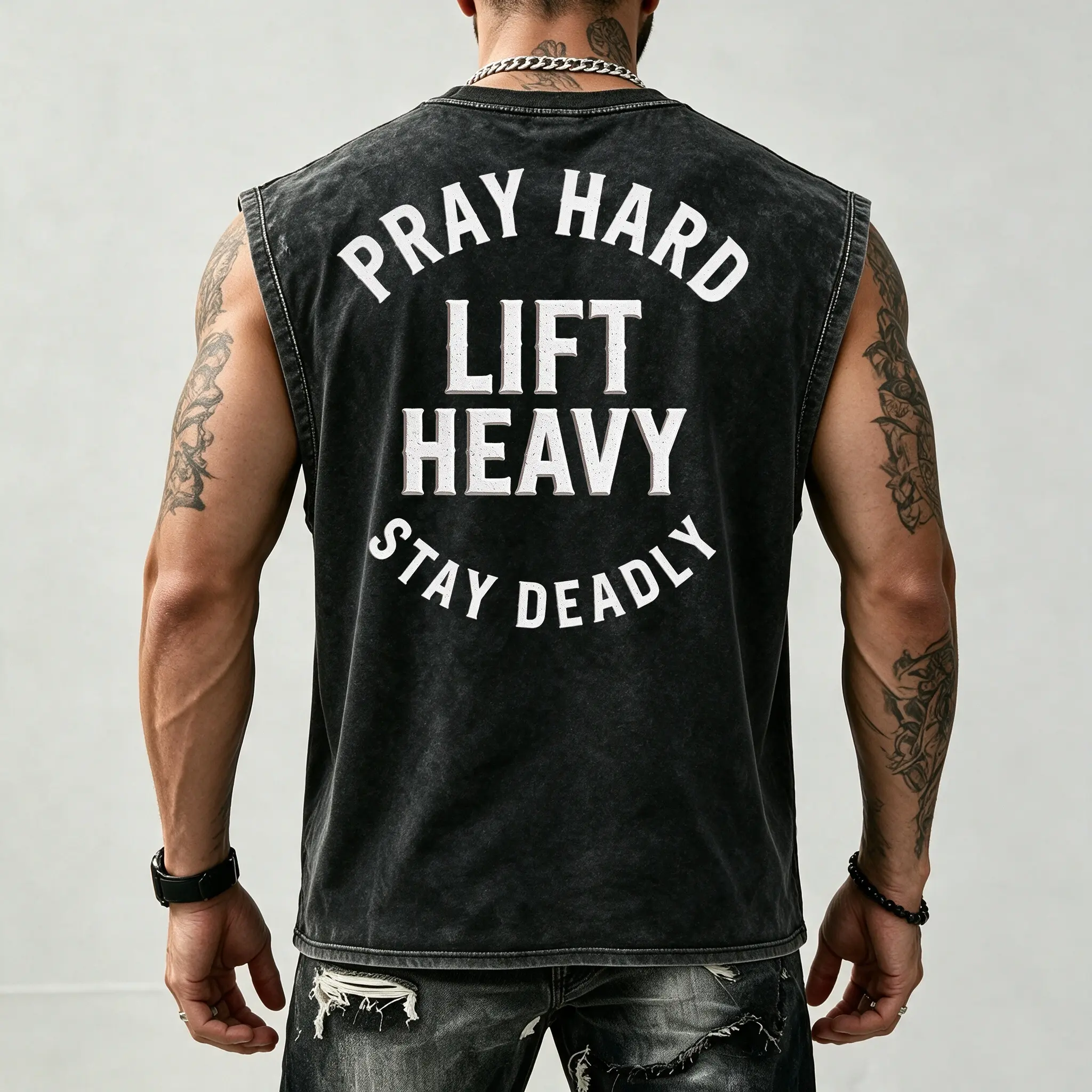 Pray Hard. Lift Heavy. Stay Deadly. Men's Washed Tank Top