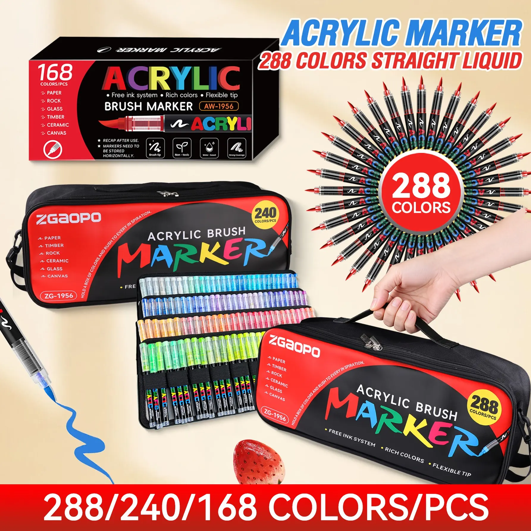 120-366 Pack Liquid Core Soft Tip Acrylic Markers, Art Marker Pens, 366 Colors, Non-Squeeze, DIY Art Supplies, Ideal for Rock Painting, Calligraphy, Card Making