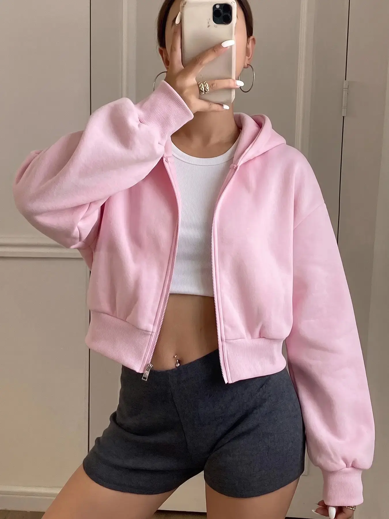 Women Light Pink, Casual Loose Oversized Long Sleeve Hooded Full Zip Cropped Sweatshirt Jacket, Korean Cleanfit Matte Heavy French Terry Drop Shoulder Short Hoodie, Feminine Elastic Cuff Layering Outerwear