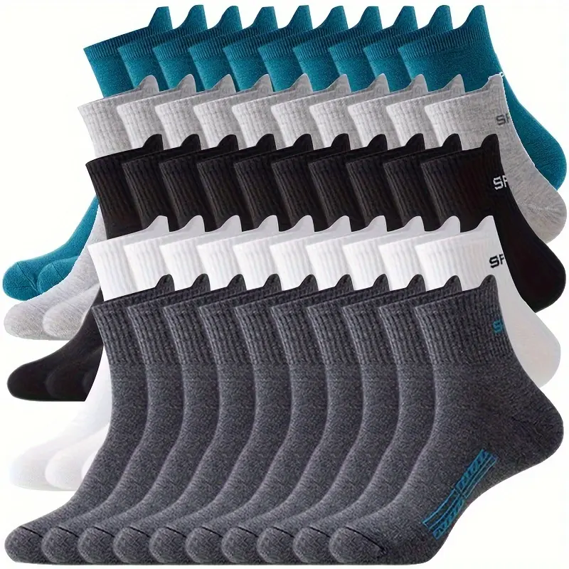 Men's Mid-Calf Solid Color Sports Socks - 10 Pairs Breathable Fast Dry Socks for Hiking, Light Outdoor Leisure Activities, Fast Dry Sports Socks