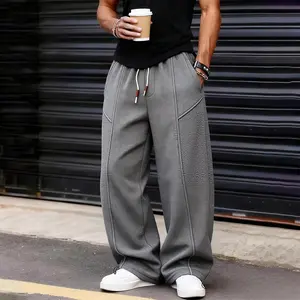 Men's Gray Baggy Waffle Knit Pants, Oversized Casual Sweatpants with Drawstring Waist, Comfortable Streetwear Pants for Urban and Trendy Style, Textured Elastic Soft breathable workout