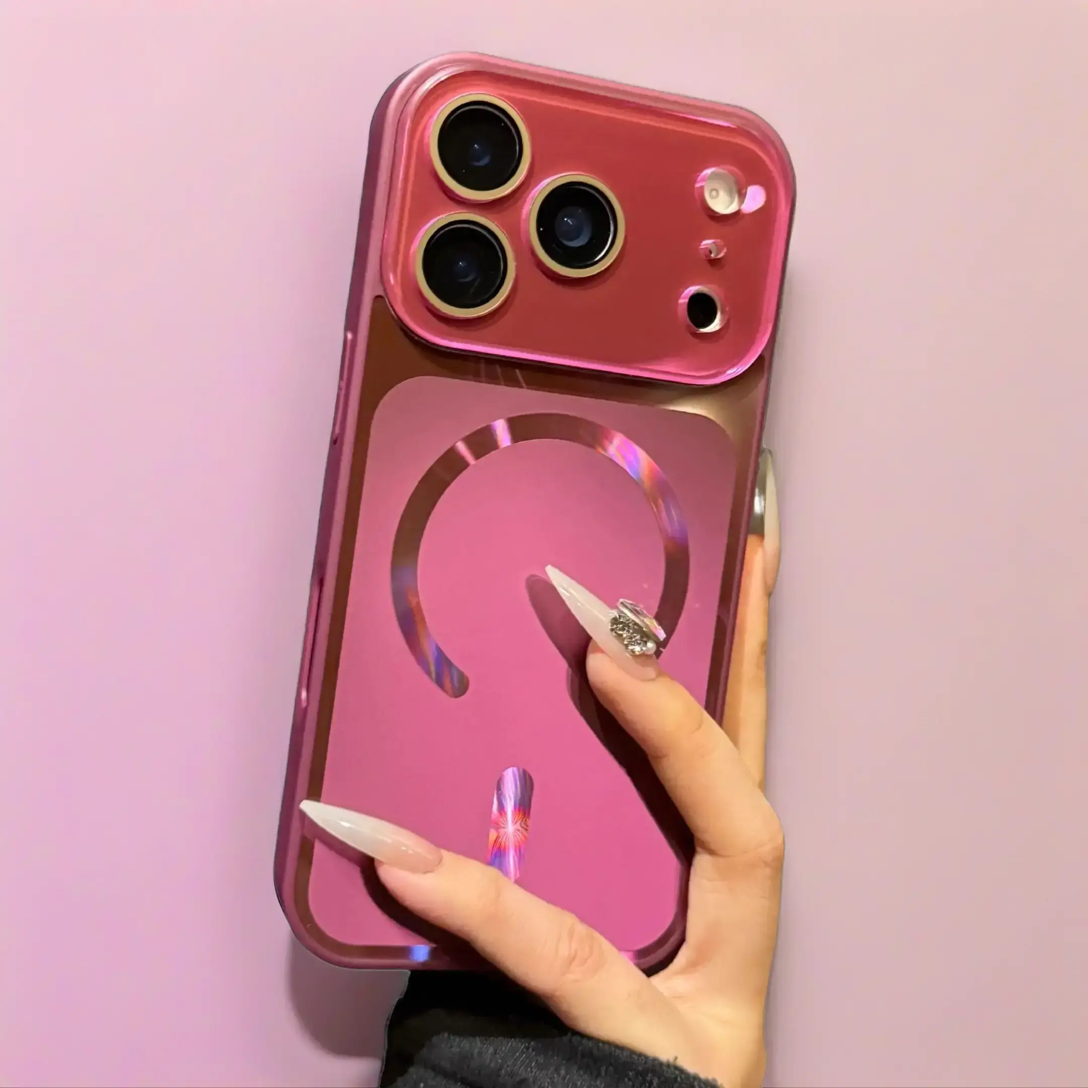 MagSafe Compatible Shockproof Plastic Phone Case with Shimmer Flow Design, Large Panoramic Window & Built-In Lens Protector for iPhone 17/16/15 Pro Max